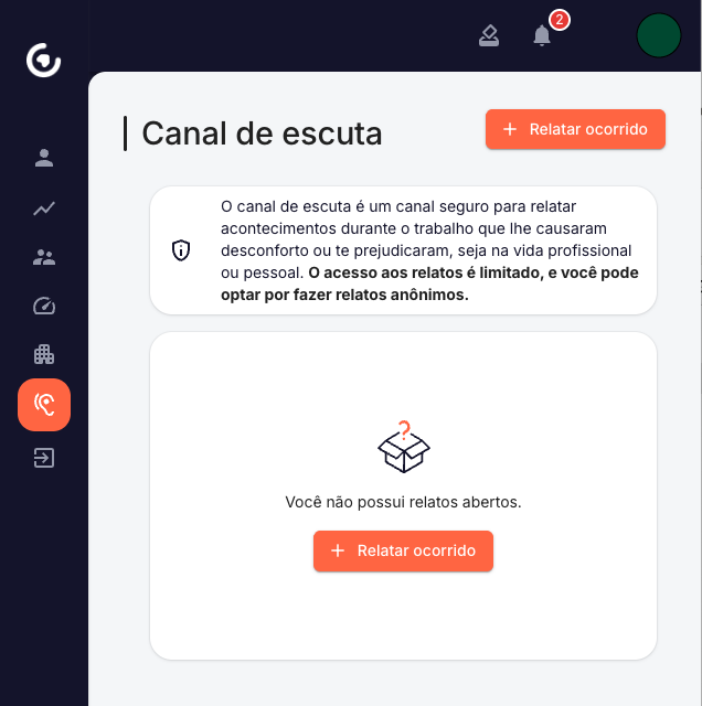 Tela do Canal de Escuta no Teamguide, com o botão Relatar ocorrido