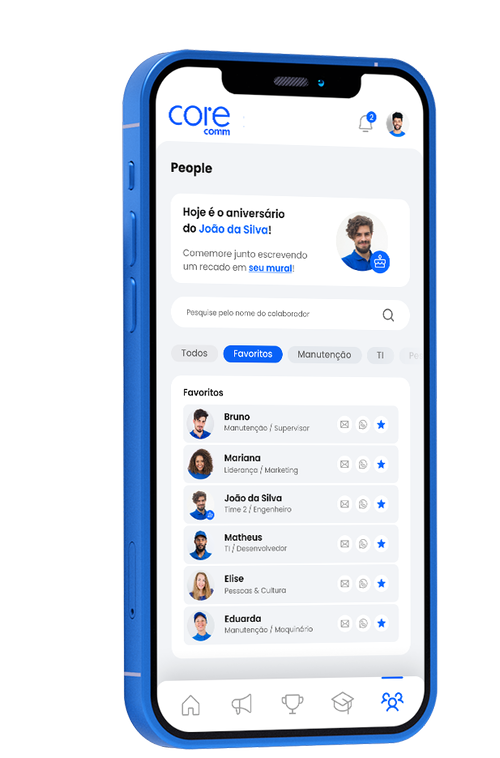 O app do CoreComm na tela People: a lista de colegas com nome, área e função