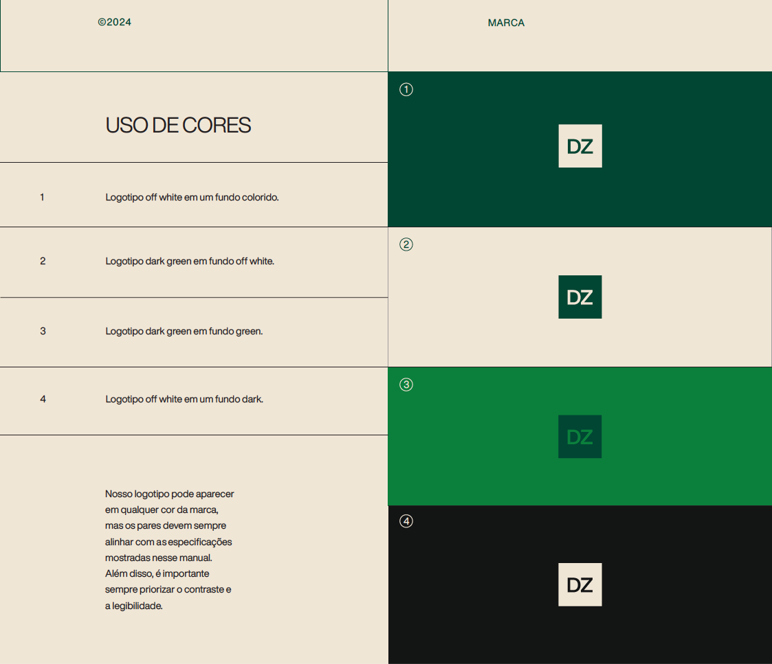 Página do manual da DZ: uso de cores do logotipo sobre os quatro fundos