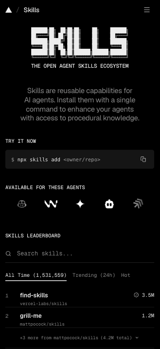 A página do skills.sh: o comando npx skills add, os agentes compatíveis e o ranking de skills mais instaladas